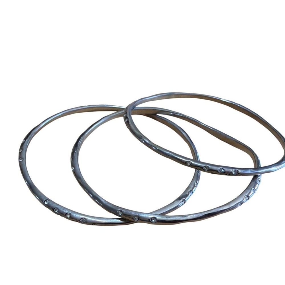 Set of 3 Silver Tone Rhinestone Accented Stacking Bangle Bracelets‎ Stacking
